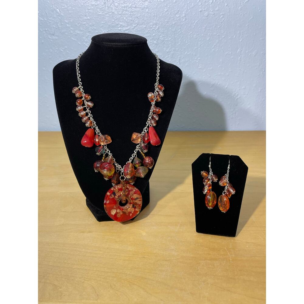 Red Copper Lampwork Art Glass Beaded Pendant Necklace & Dangle Earring Set